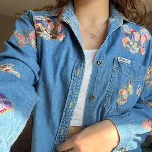 Painted butterfly design denim button up